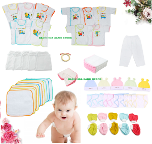 [TẶNG VÒNG DÂU TẰM] Set 70 Món Đồ Dùng Sơ Sinh( 5 áo Trắng nút bên tay ngắn + 5 áo Trắng nút bên tay dài + 10 tã dán + 20 khăn sữa 4 lớp + 5 cặp bao tay + 5 cặp bao chân + 5 nón + 5 quần dài + 10 tã lót )