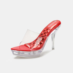 YUCHEN 4.33 inches Mules for Women Crystal With Heels Sandals Laydis White Stiletto Clean Transparent High Heeled Slippers Shoes Size 35 - 43