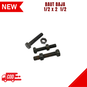Baut Mur Baja Ukuran 1/2 x 2 1/2  Universal drat Kasar warna kuningan dan hitam bahan besi 1 pcs