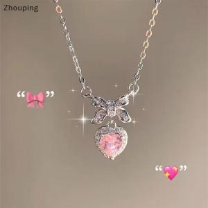 【ZP】Cute Zircon Bowknot Heart Pendant Necklaces Pink Heart Ladies Girls Fashion Elegant Clavicle Chain For Women Jewelry