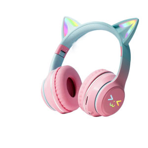 Gradient Purple Green  Blue Red Black Gradient Color Cat Ear Headphones Over-ear Wireless Bluetooth Earphones Card Slot Available LED Lights  Light-up  Cute and Girly Style Glow Sports Running Games Gaming Headset for Audults Kids Earbuds