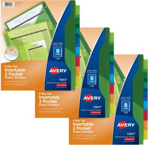 Avery Dividers for 3 Ring Binders 8-Tab Sets Two-Pocket Plastic Binder Dividers with Tabs Multicolor 3 Sets (71907)