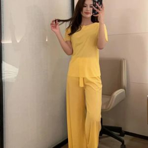 Setelan Santai / Setelan Rumah Remaja Wanita Impor Polos Lengan Pendek Celana Panjang Hitam Kuning Pink Mint