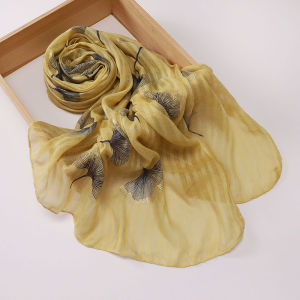 Jifang Stamping Gold Ginkgo Leaf Prints Striped Stripes Cotton Linen Shawl Pashmina Scarf Raya Muslim Hijab PW50