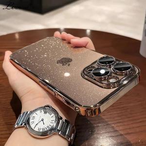 Glitter Transparent Hard PC Slim Case for iPhone 16 15 14 Pro Max Plus 13 12 11 Plating Clear Camera Protector Ultra Thin Cover