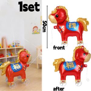 2026 Year of the Horse Walking Cart Balloon with Wheels Cartoon Zodiac Horse Walking Balloon Birthday Party Decoration Gift Good Luck Lucky Light-Up Horse Balloon