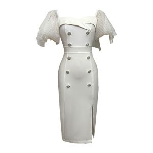 2023 HOT Happy Diva.PH Dress Double Breasted Diamond Button Mesh Flying Sleeve Slim Midi Split Evening Office Lady Dresses 5675