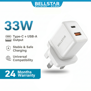 BELLSTAR 33W Dual Port Fast Charger USB C USB A PD QC UK Plug Wall Charger For iPhone Samsung