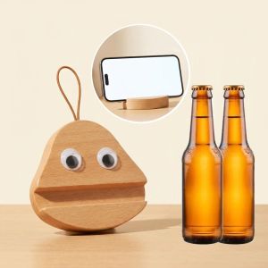 GJURD Cartoon Pattern ic Bottle Opener Big Eyes Solid Wood Wood Phone Holder Cute Portable Bottle Opening Tool Home Use