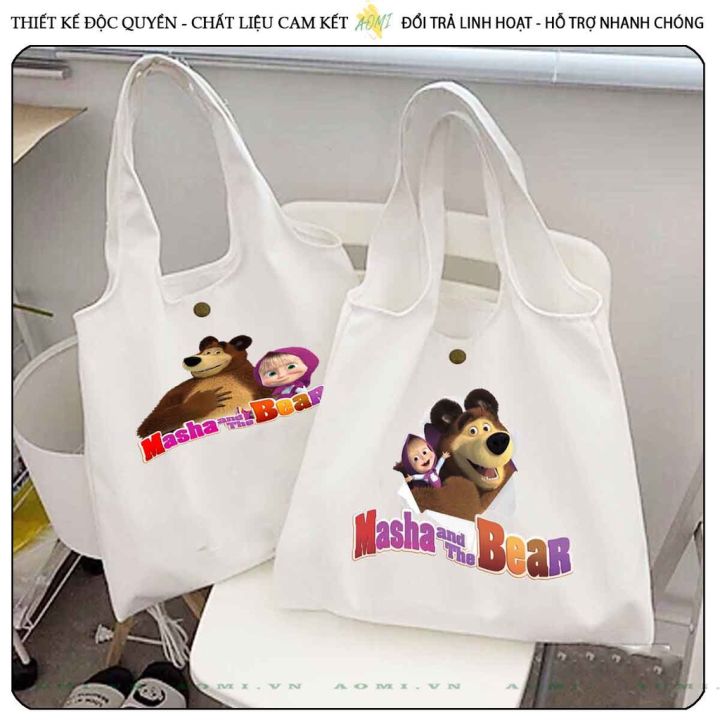 TOTE CANVAS masha and bear FORM TRÒN TÚI VẢI ĐEO VAI BAG NÚT BẤM SIZE ...
