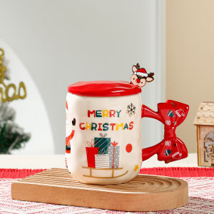 Ly sứ có nắp và quai nơ họa tiết ông già Noel Giáng sinh 2023 Cốc sứ Tuần lộc Snowman Merry Christmas 480ml kèm muỗng tuần lộc- Hộp Thường