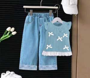 Setelan Terbaru Baju Anak Perempuan Denim Panjang Knit Pita Usia 1-5 Tahun