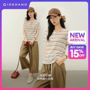 Giordano Women 【Online Exclusive】Reversible striped tie-neck knit short-sleeved T-shirt Free Shipping 18326819