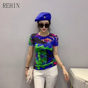 REHIN Womens top fashion mesh Abstract patterns print short-sleeved T-shirt round neck slim fit trend blouse