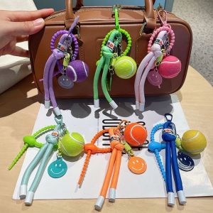 HOT Cartoon Tennis Keychain Smiling Face Leather Miu Style Key Ring Cute Charm Couple Backpack Pendant Bag Pendant