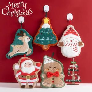 ENCOUNT แห้งเร็ว ผ้าขนหนูมือคริสต์มาส การดูดซึมน้ำ แขวน ผ้าเช็ดมือซานตาคลอส ใหม่ ผ้าขนแกะคอรัล ผ้าเช็ดทำความสะอาดแบบแขวน ห้องครัว ห้องน้ำ