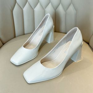 ＜1207＞  Square Toe Pumps Womens Korean Style Ladies Patent Leather High Heels Chunky Heel Pedicure Low-Cut Slip-on Work Shoes 2024 Womens Shoes