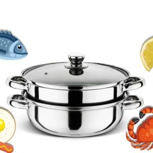 panci kukus 2 susun stainless steel dengan penutup kaca serbaguna ukuran 28