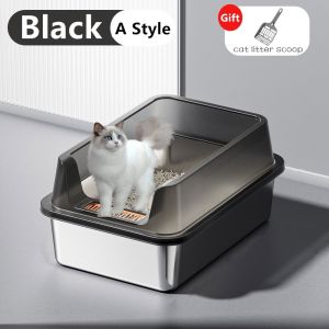 Stainless Steel Cat Litter Box With Scoop Open Top High Fence Metal Pet Toilet With Strainer