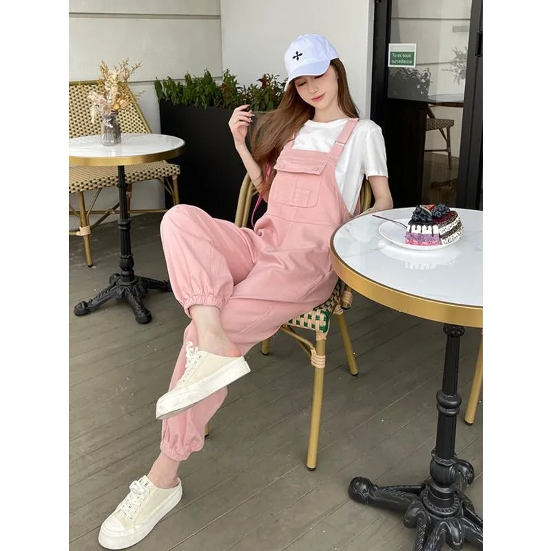 S-XL Women Denim Jumpsuit Pocket Loose Spring Summer Autumn Fashion Casual  Sweet Cute Bib Pants Jeans Overalls Streetwear Pink Khaki