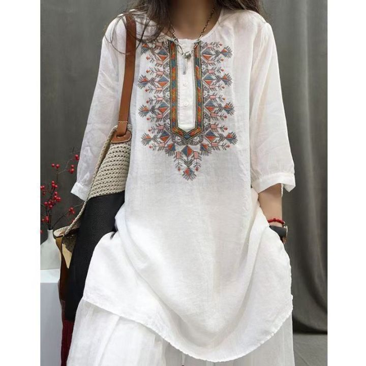 Luckin hàng hiệu cho phụ nữ thêu 3/4 Tay áo vải lanh cotton rộng hai bộ ...