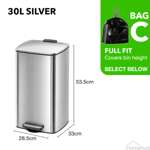 Livora Reno Stainless Steel Pedal Dustbin With Lid / Black Powder Coated Body / Kitchen Rubbish Trash Bin Large 20l 30l 50l