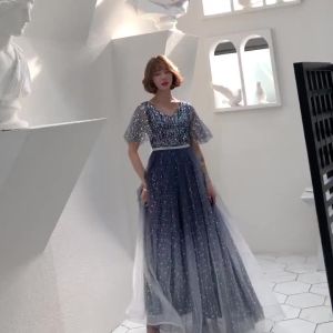 Navy Blue/Black/Red Starry Sky Evening Dress Banquet Temperament Flying Sleeve V Neck Slim A-line Dresses Party Gown㏇X0407