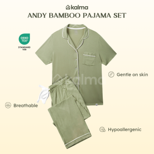 Kalma Bamboo Sleepwear Pajama Set for Women (SAGE GREEN) | Short Sleeve Button Up Shirt with Long Pants | Andy Collection