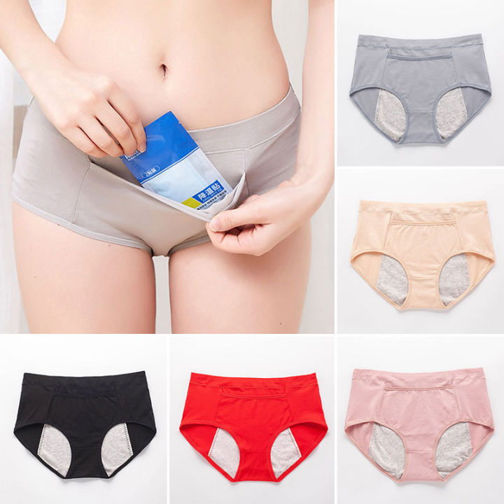 anb Women Cotton Panties Leak-Proof Mid-Waist Menstrual Knickers Period Pants  Underwear With Pocket
