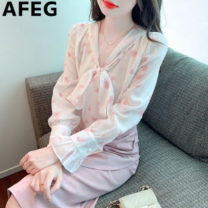 AFEG Korean V-neck bow fashion loose temperament ink-dyed chiffon flared sleeve blouse