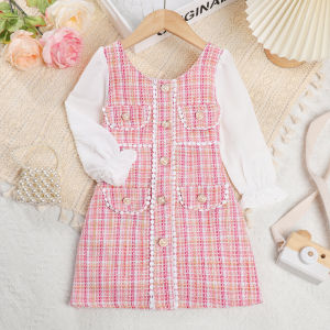 Bear Leader Kids Dress Knit Check Dress Pearl Embellishment Pink Short Sleeve Dress Puff Sleeve Plaid Dresses 2-7 Years Baby Girls Clothing