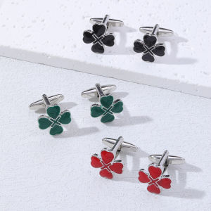 1Pair Creative Exquisite Four Leaf Clover Design French Cufflinks Trendy Green Black Red Alloy Drip Oil Design Shirt Cuff Links