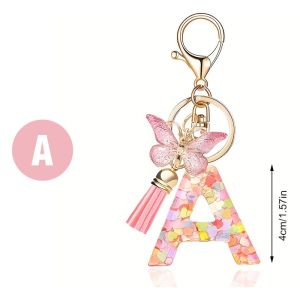 A-Z Dreamy Sequin Letters Keychain/For Women Tassel Butterfly Pendant/Initial Keyring Purse Suspension/Bags Charms Car K