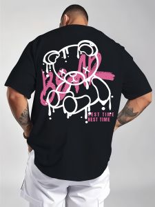 Mens Casual Short Sleeve T-Shirt Streetwear Drip Teddy Bear Graphic Print Crew Neck Tee Loose Fit Daily Top Black White Colour Option