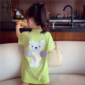 KYII Kids Long T-shirt Summer Dress 2021 New Children Korean Style Cartoon Short Sleeve Dress Little Girl Dress ky081