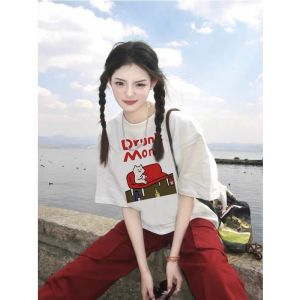 Áo thun nữ in họa tiết tay ngắn mùa hè mới rộng rãi màu trắng áo cotton nữ