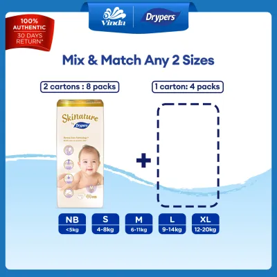 Skinature by Drypers Baby Diapers NB66/ S58/ M44/ L38/ XL32 (12 Packs) - Super Soft & Allergen-free