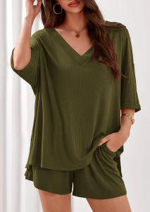 2026 Hot Sale [ Shipped from China ]2026 European and American two-piece set  V Collared mid-sleeve top and shorts casual set for summer travel and beach wear for women B3