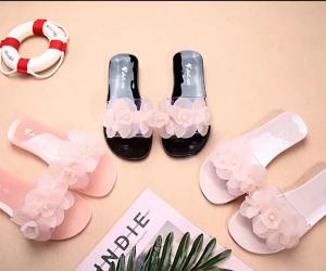 New Summer Korean Style Floral Crystal Jelly Sandals Fashionable Flat Transparent Outdoor Non-Slip Beach Flip-Flops
