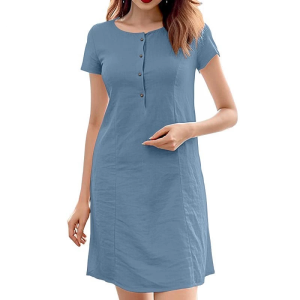 Women Vintage Fashion Buttons Crew Neck Short-Sleeved Loose Dress 2803