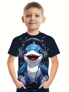 [Local Stock] VCC Summer Boys Clothes Breathable Elastic Comfortable Childrens T-Shirt Cartoon Shark Casual Cool Summer O-Neck T-Shirt for Boys