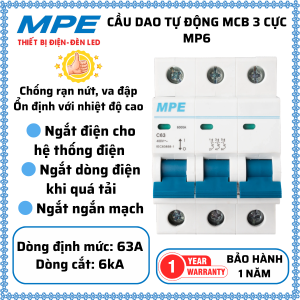 (MPE) Cầu Dao Tự Động MCB 3P 3 cực 10A 16A 20A 25A 32A 40A 50A 63A MP6