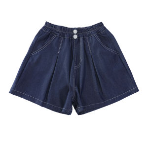 New Kids Designer Summer Silk Denim Shorts With Button for Tweens Girls Brief Style Navy Blue Mini Short Pants Child Age 5-14Y H260702