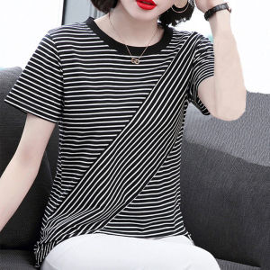 M-5xl Miễn Phí Vận Chuyển 100KG Béo Nữ Có Thể Mặc Áo Thun Kẻ Sọc Ngoại Cỡ Cho Nữ Áo Cánh Ngắn Tay Áo Thun Thường Ngày Dáng Rộng Cổ Tròn Hàn Quốc Mới Ngoại Cỡ
