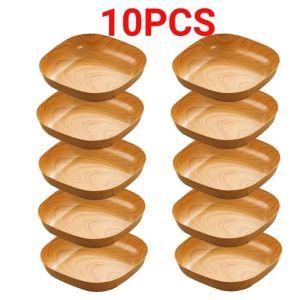 Wood Grain Plastic Plate Set 10pcs Square Snack Dish Reusable Tableware Lightweight Durable for Home Kitchen Party Picnic BPA Free