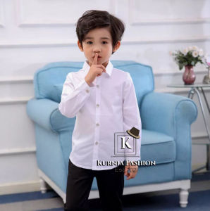Pakaian Anak-anak Musim Panas 2025 / Kemeja Anak Laki-laki Lengan Panjang Putih Solid Katun