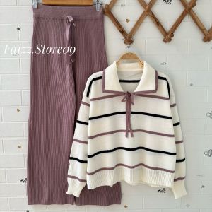 ONESET LARAS POLO KANCING TALI SETELAN CELANA KULOT RAJUT PREMIUM WANITA LENGAN PANJANG KEKINIAN