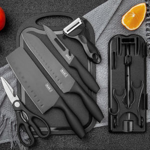 7 in 1 Black Knife Set Stainless Steel Kitchen Knives Utensils Pisau Viral Set Dapur Pisau Gunting 厨房便携式7件刀套