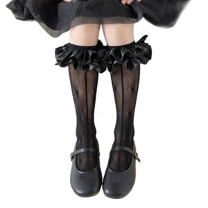 Girls Breathable Under Knee Socks Cotton Lace Trimmed Dress Socks with Decorative Love Heart for Baby Daily Wear