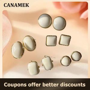 【 CANAMEK 】 French Temperament White Geometry Ellipse Square Stud Earrings For Women Trend Charms Simple Jewelry Accessories Gifts